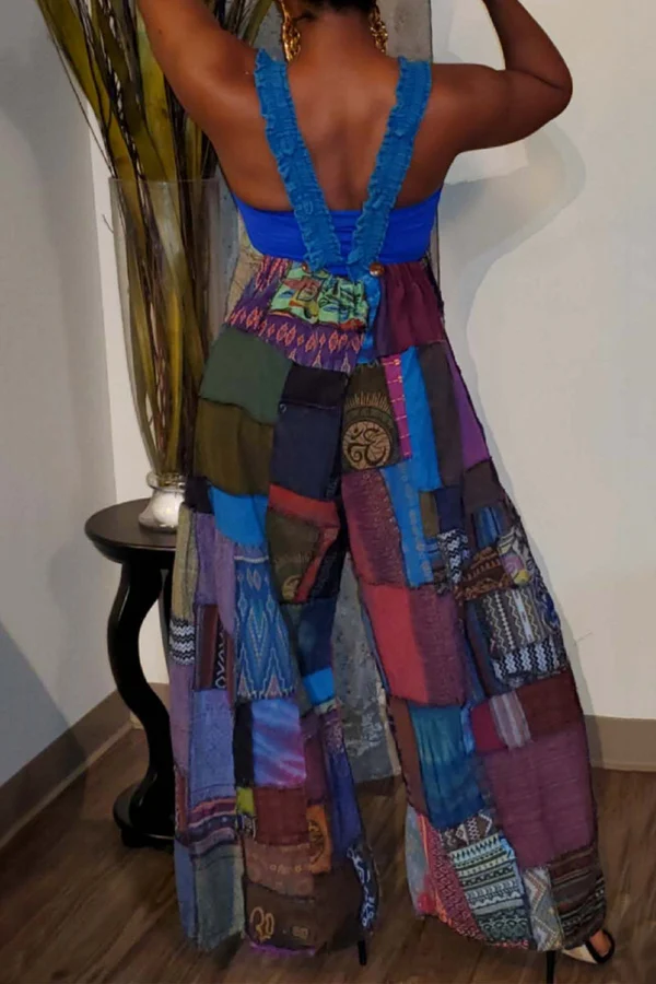 Patchwork Loose Suspender Jumpsuit