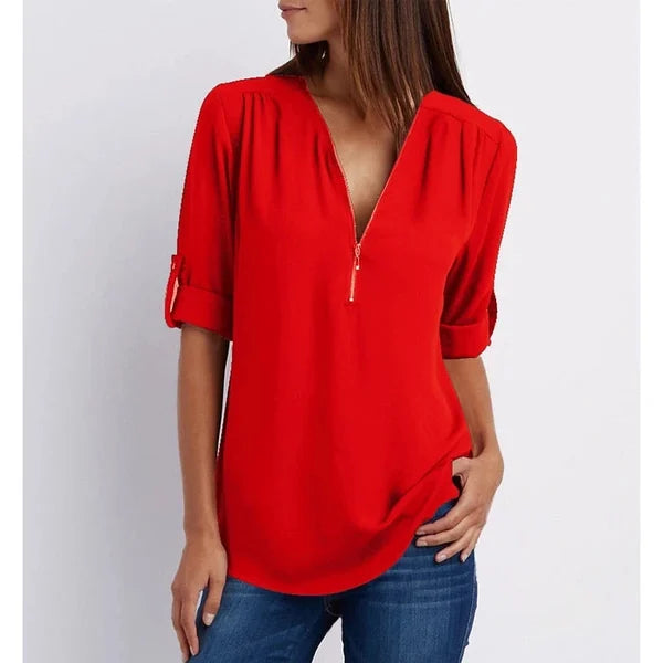 Plus Size Loose 3 4 Sleeve Zipper Blouse