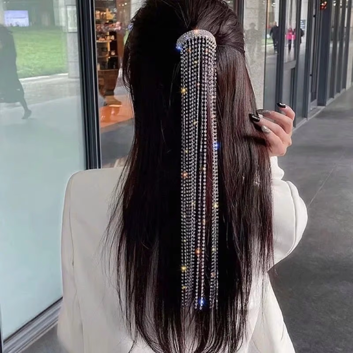 GLEAMING MULTI STRAND RHINESTONE PONYTAIL LONG TASSEL HAIR CLIP