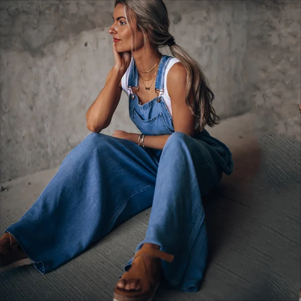 Womens Loose Adjustable Strap Wide Leg Denim