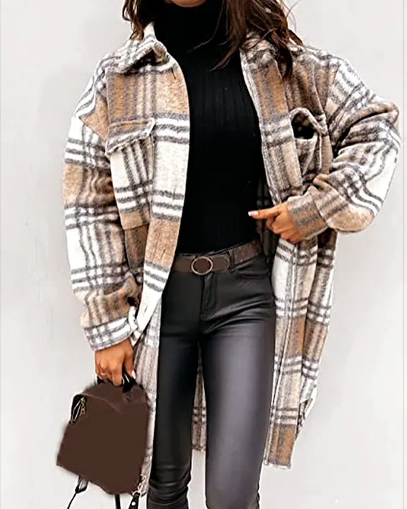 Plaid Print Patch Pocket Button Up Shacket Coat