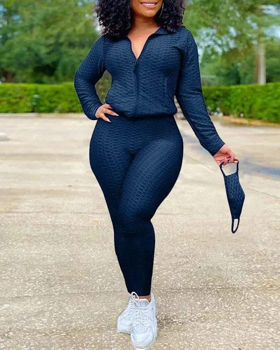 Solid Textured Dual Pocket Sports Jacket  Ruched Leggings Set With Mask