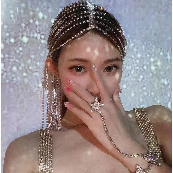 Coloured Rhinestone Chain Tassel Hair Clips Headband for Bride