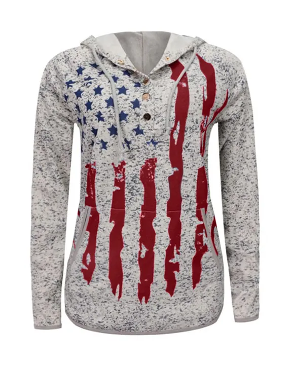American Flag Print Button Front Pocket Detail Drawstring Hoodie