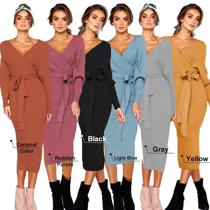 Elegant V Neck Wrap Sweater Dress