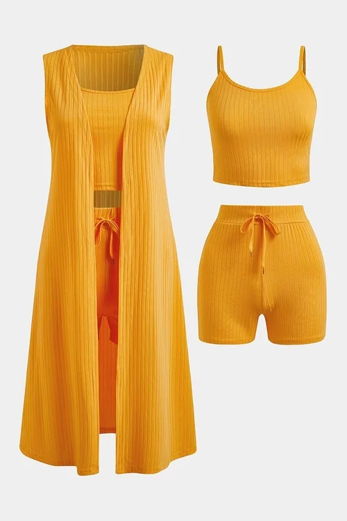3 Piece Rib Knit Top Shorts Cardigan Set