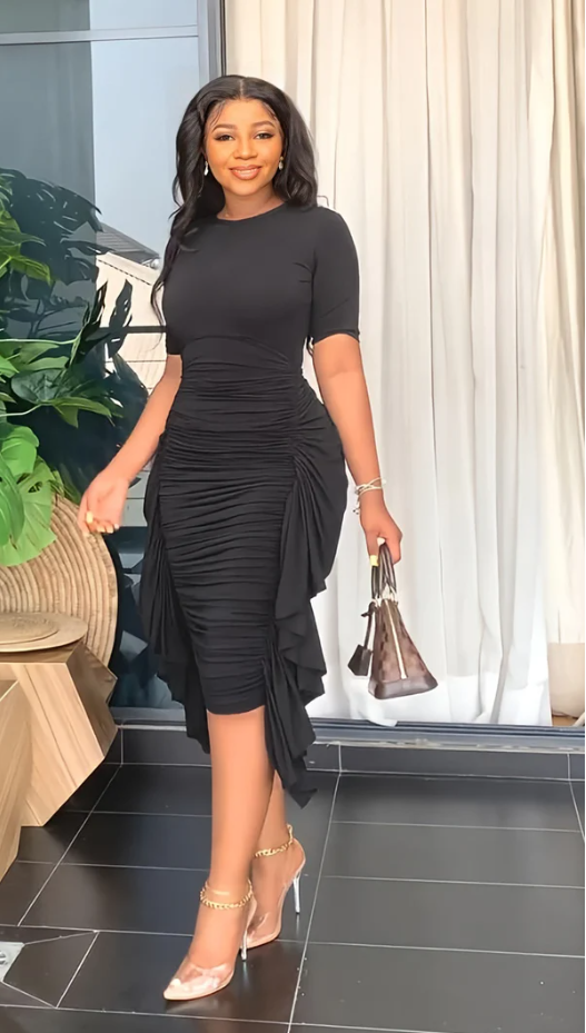 Round Neck Short Sleeve Irregular Ruffle Midi Dresses