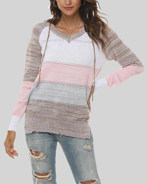 Colorblock Hollow Out Drawstring Hooded Sweater