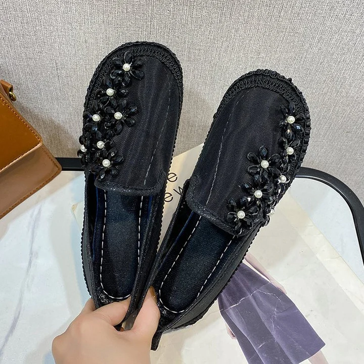 Women Rhinestone Crystal Flowers Mesh Ballet Flats Walking Shoes