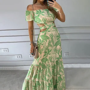 Off the shoulder Printed Cutout Lace up Dress