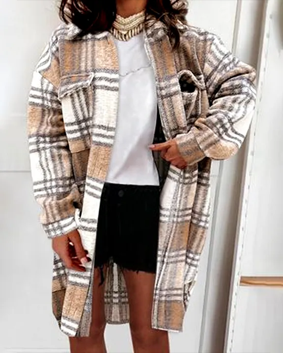 Plaid Print Patch Pocket Button Up Shacket Coat