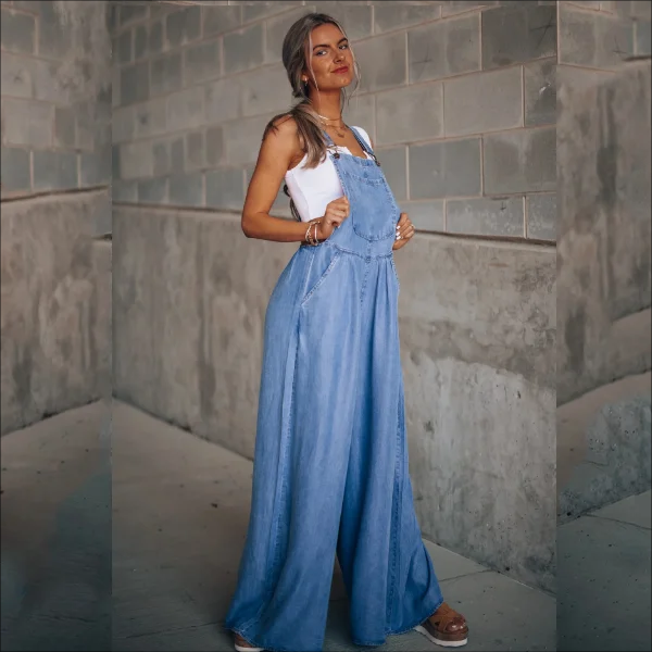 Womens Loose Adjustable Strap Wide Leg Denim