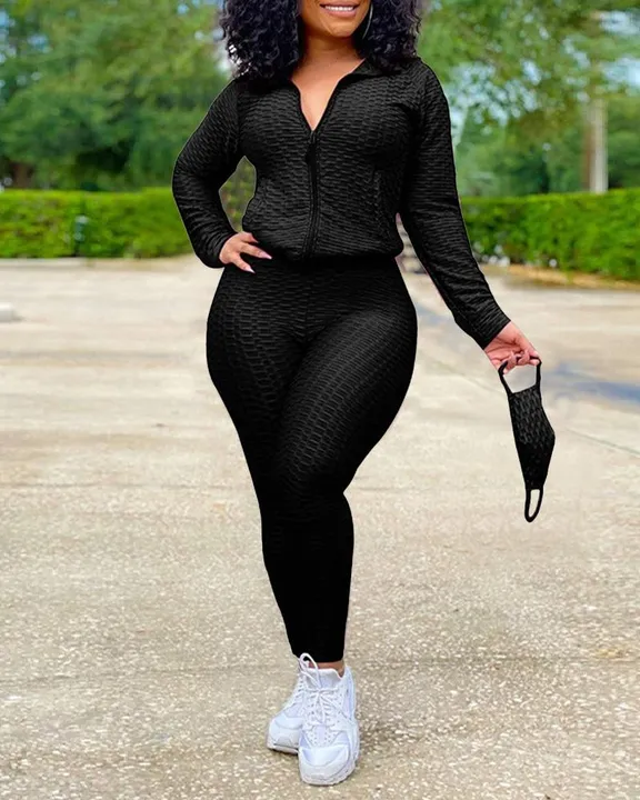Solid Textured Dual Pocket Sports Jacket  Ruched Leggings Set With Mask