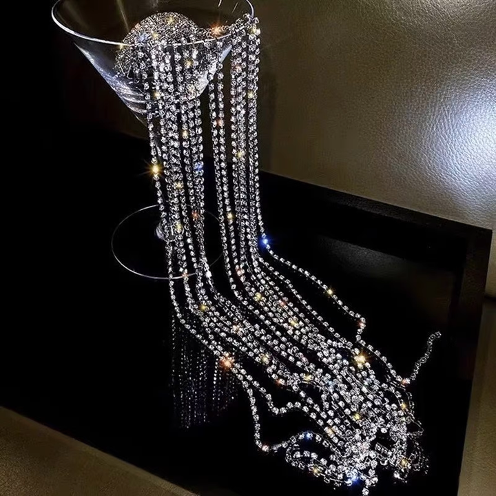 GLEAMING MULTI STRAND RHINESTONE PONYTAIL LONG TASSEL HAIR CLIP