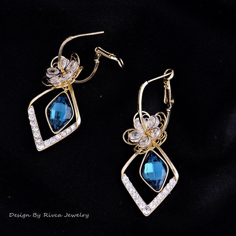 Flower Zircon Rhombic Sapphire Drop Earrings