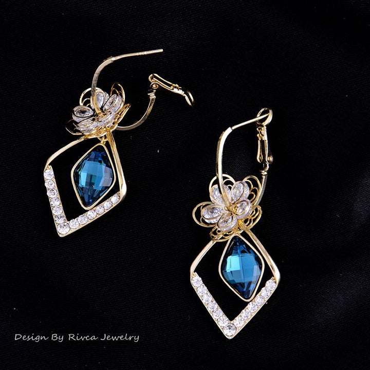 Flower Zircon Rhombic Sapphire Drop Earrings