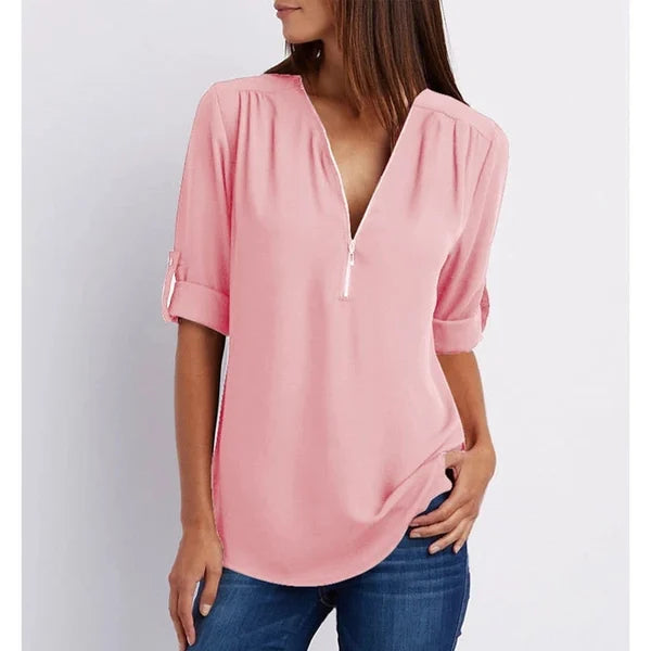 Plus Size Loose 3 4 Sleeve Zipper Blouse