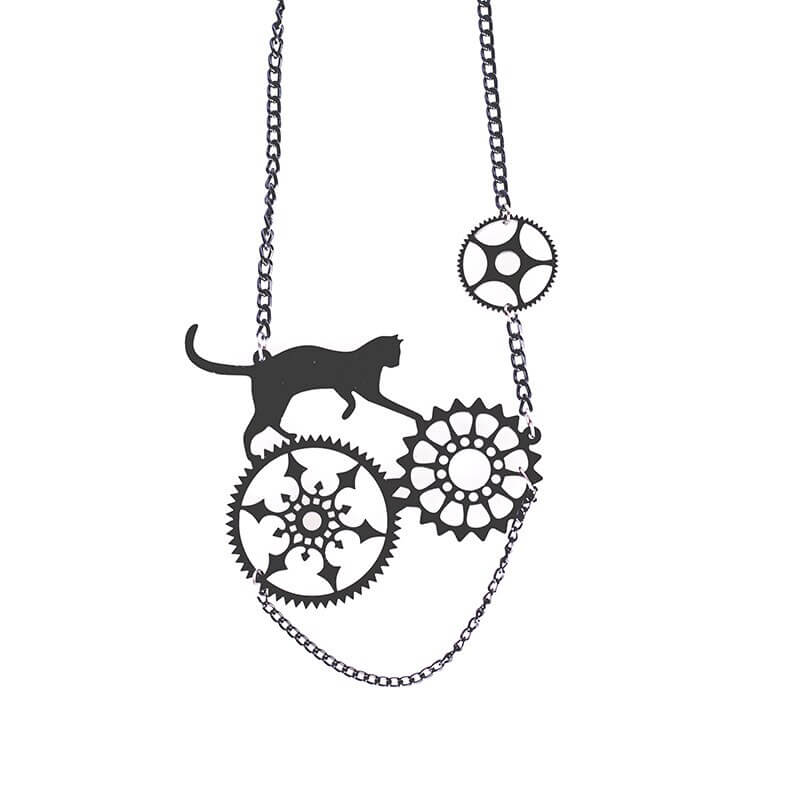 Cat Gear Necklace Earrings