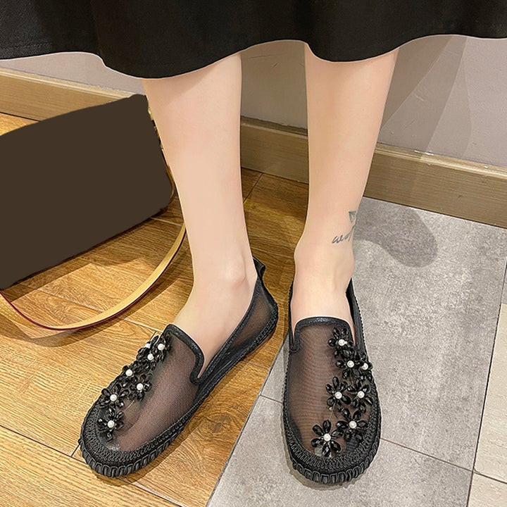 Women Rhinestone Crystal Flowers Mesh Ballet Flats Walking Shoes