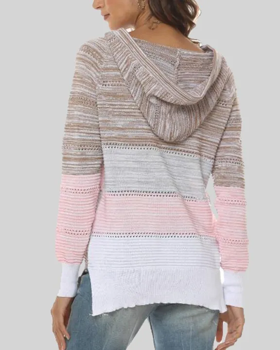 Colorblock Hollow Out Drawstring Hooded Sweater