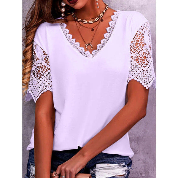 Womens Lace Patchwork Loose V Neck Short Sleeve TShirt
