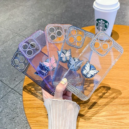 Butterfly Diamond TPU Soft Rubber Stand Cover for iPhone