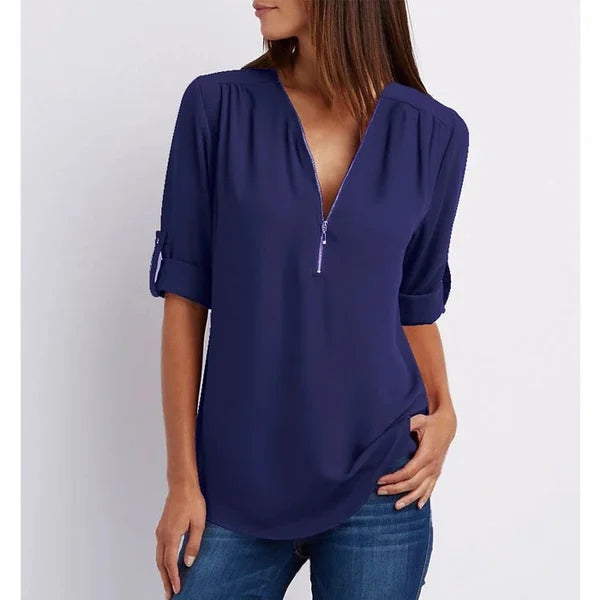 Plus Size Loose 3 4 Sleeve Zipper Blouse