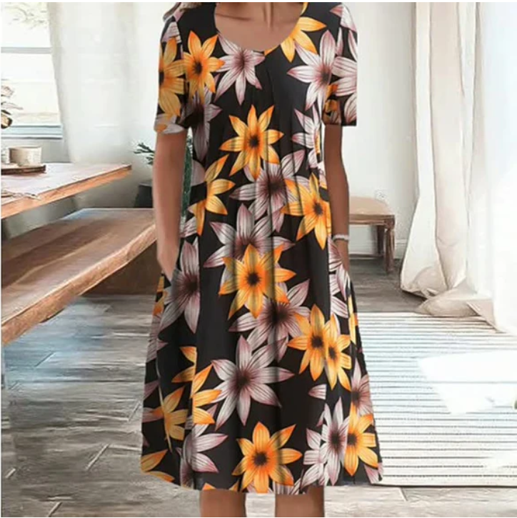 Station Spring And Summer Womens Casual Printing Round Neck Short-sleeved Dress
