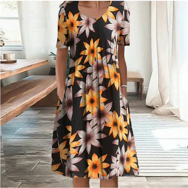 Station Spring And Summer Womens Casual Printing Round Neck Short-sleeved Dress