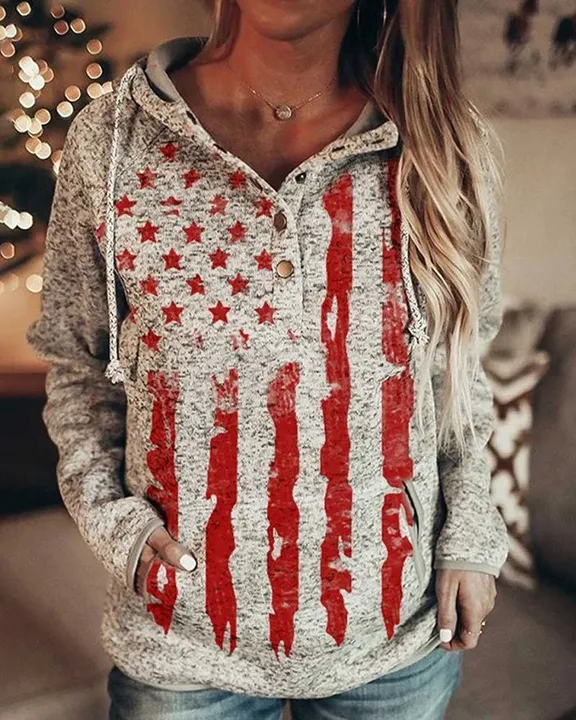 American Flag Print Button Front Pocket Detail Drawstring Hoodie