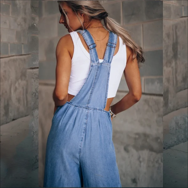 Womens Loose Adjustable Strap Wide Leg Denim