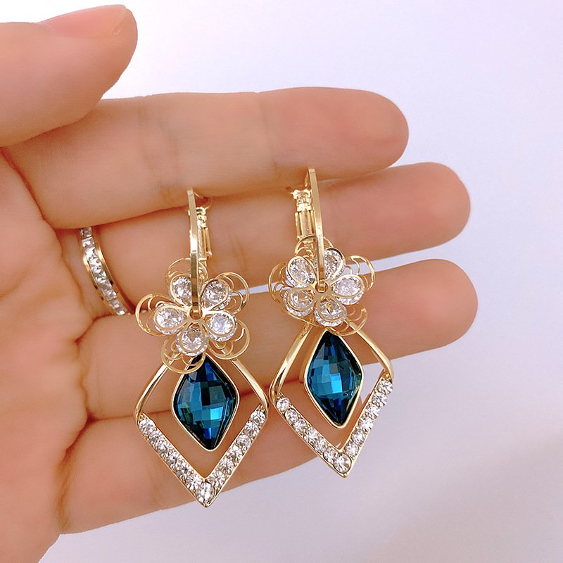 Flower Zircon Rhombic Sapphire Drop Earrings