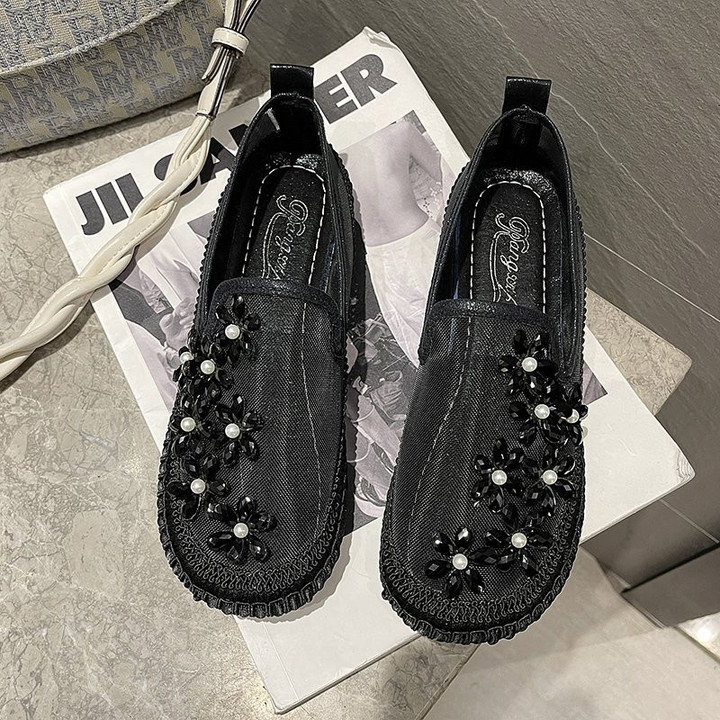 Women Rhinestone Crystal Flowers Mesh Ballet Flats Walking Shoes