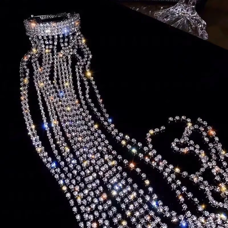 GLEAMING MULTI STRAND RHINESTONE PONYTAIL LONG TASSEL HAIR CLIP