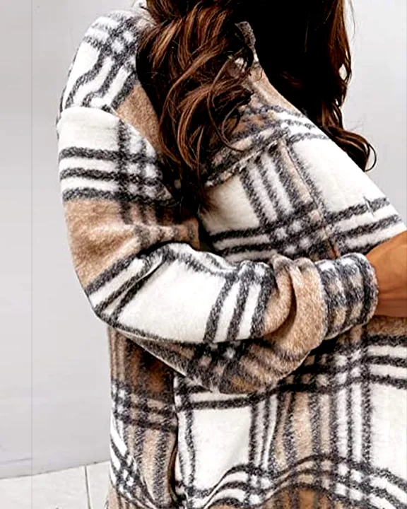 Plaid Print Patch Pocket Button Up Shacket Coat