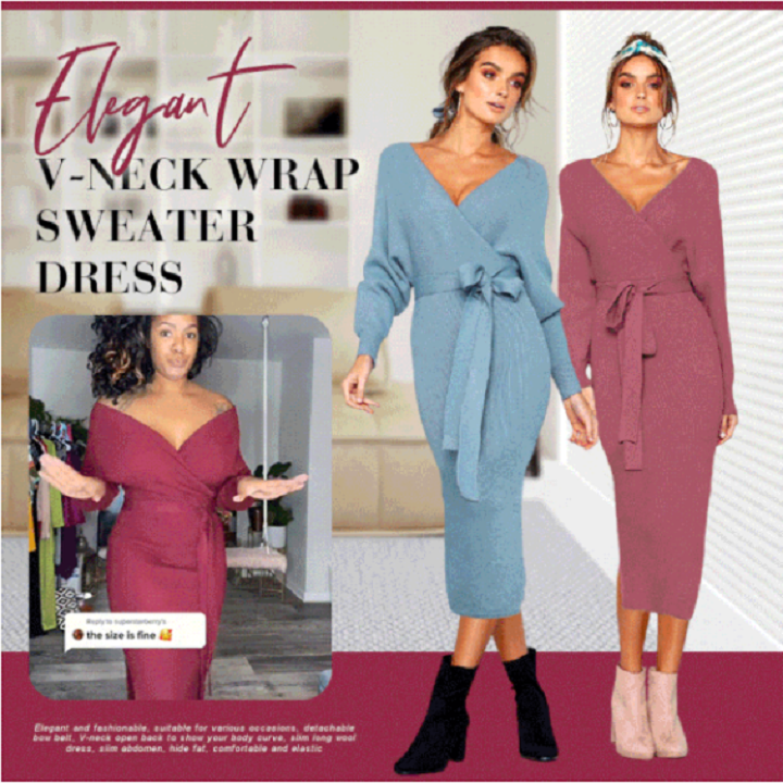 Elegant V Neck Wrap Sweater Dress