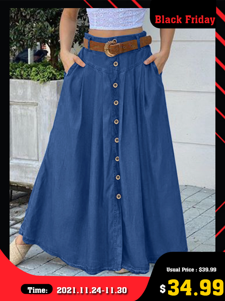 High Waist Button Down Solid Loose Swing Pleated Skirt