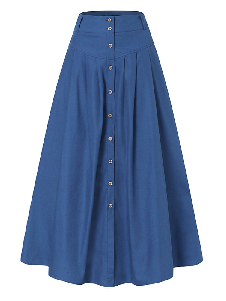 High Waist Button Down Solid Loose Swing Pleated Skirt