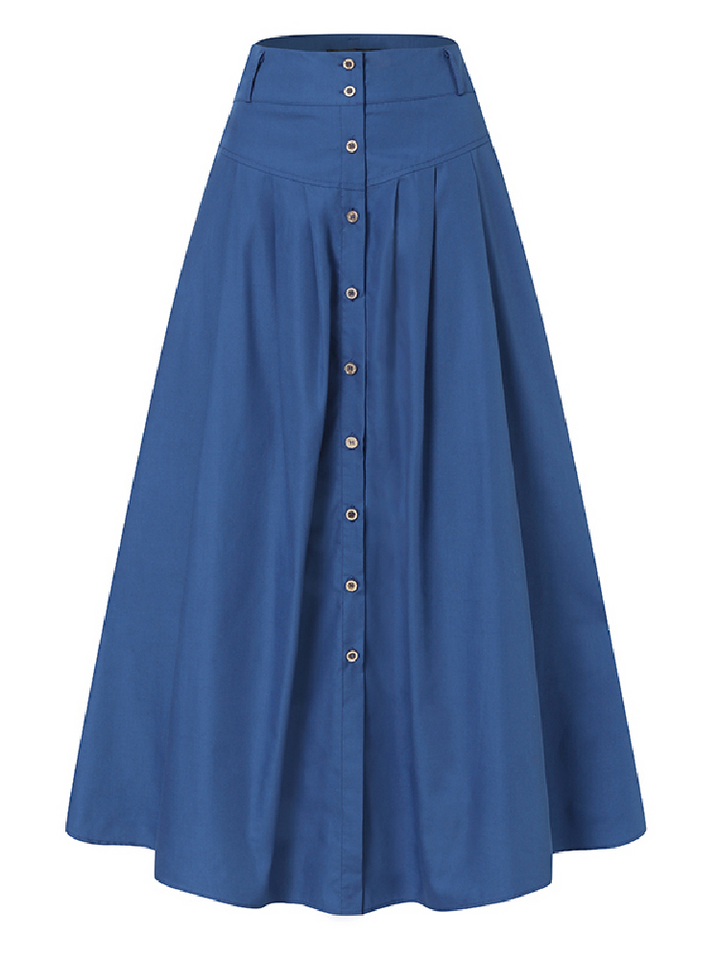 High Waist Button Down Solid Loose Swing Pleated Skirt