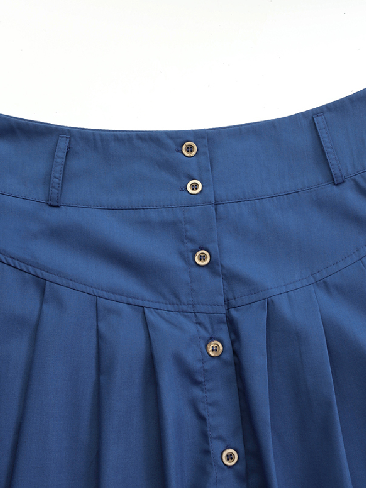 High Waist Button Down Solid Loose Swing Pleated Skirt