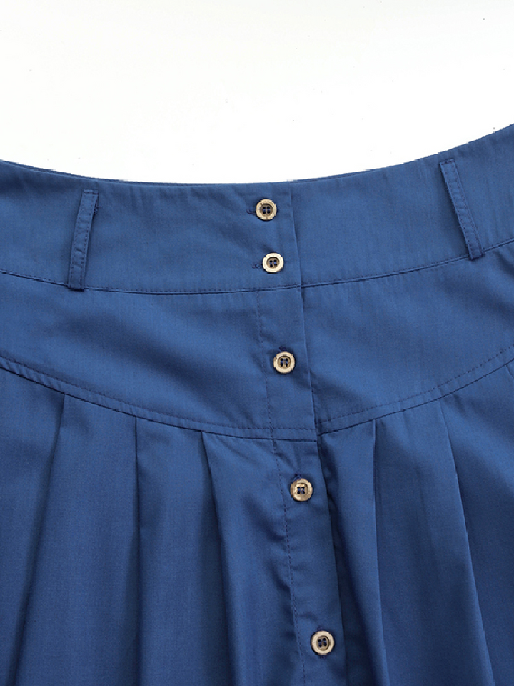 High Waist Button Down Solid Loose Swing Pleated Skirt