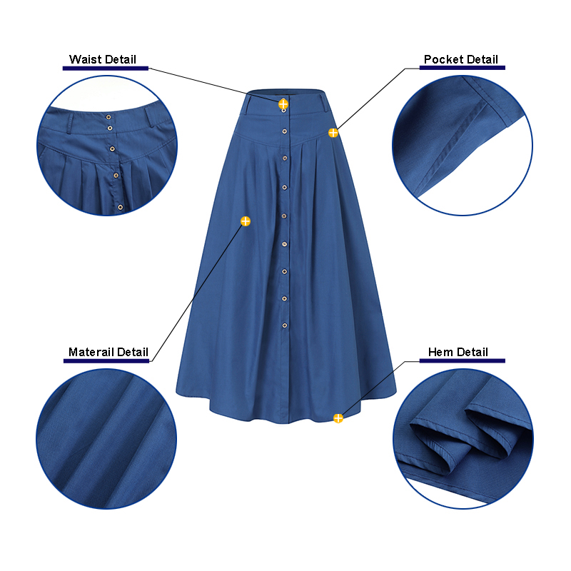 High Waist Button Down Solid Loose Swing Pleated Skirt