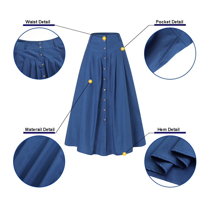 High Waist Button Down Solid Loose Swing Pleated Skirt