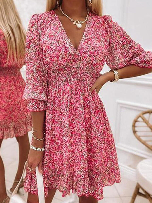 V Neck Pleated Floral Print Mini Dress