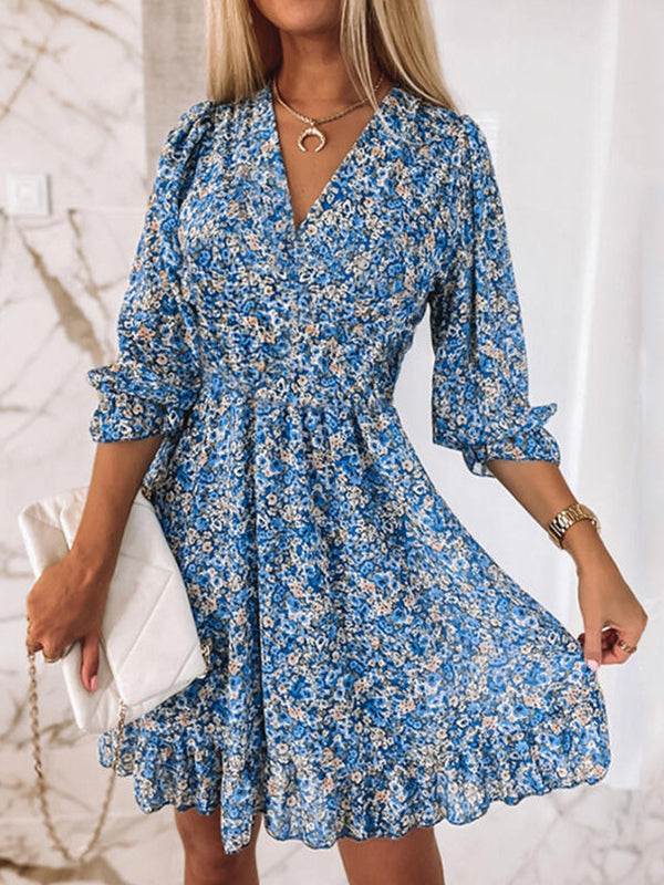 V Neck Pleated Floral Print Mini Dress