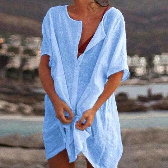 Womens Cotton and Linen Plain Loose Long Shirt
