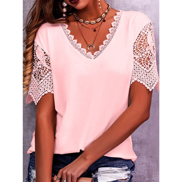 Womens Lace Patchwork Loose V Neck Short Sleeve TShirt