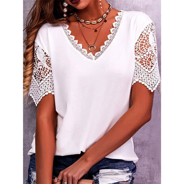 Womens Lace Patchwork Loose V Neck Short Sleeve TShirt