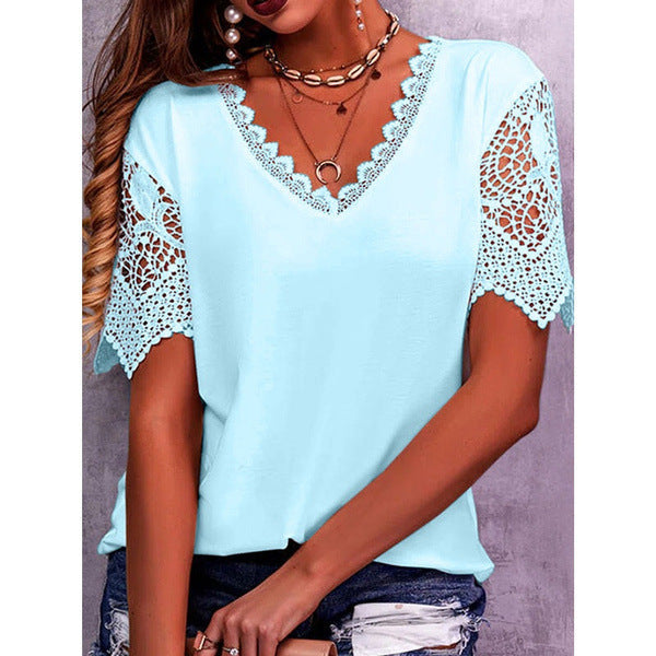 Womens Lace Patchwork Loose V Neck Short Sleeve TShirt