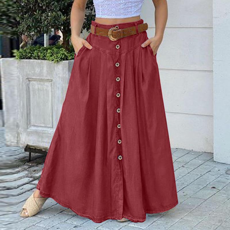 High Waist Button Down Solid Loose Swing Pleated Skirt